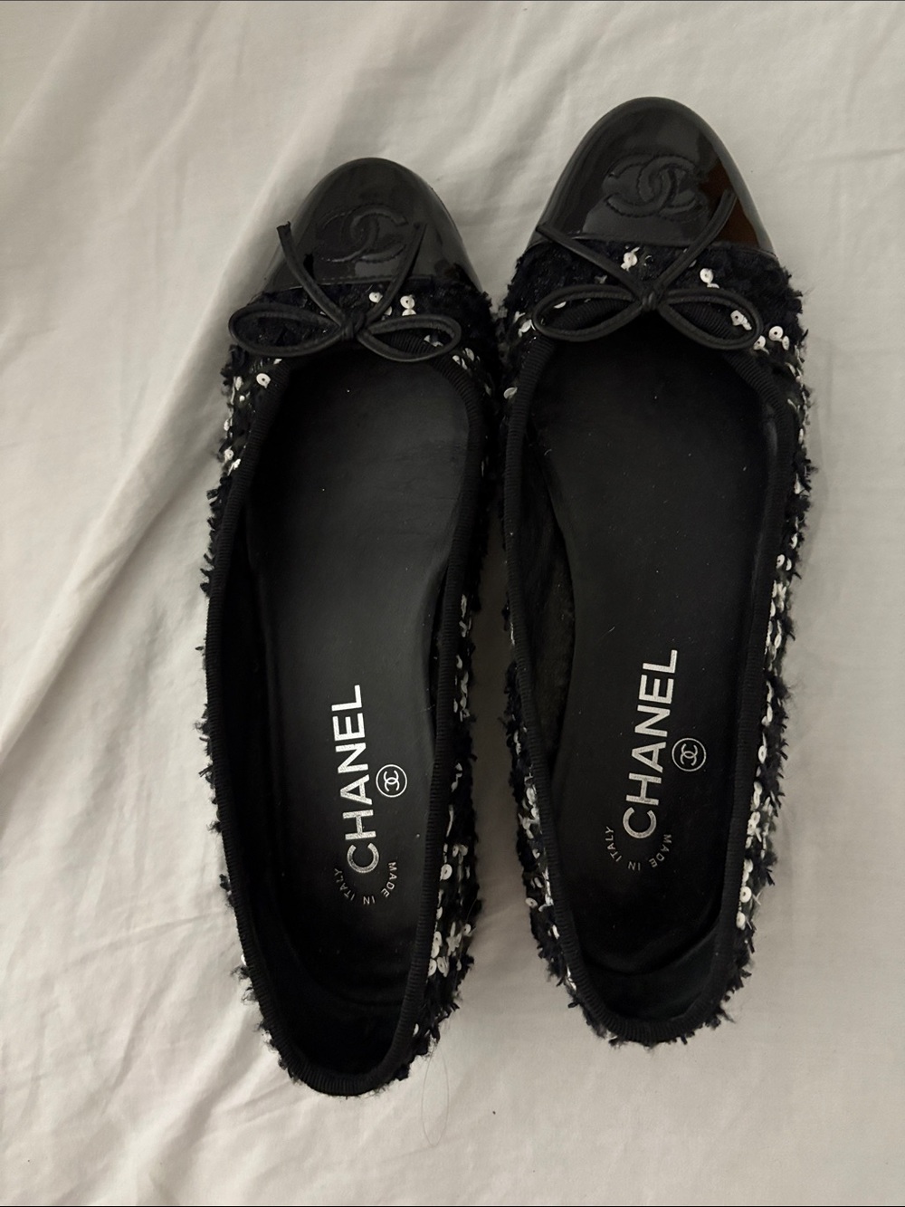 CHANEL Black Tweed & Patent Cap-Toe Ballet Flats with Bow